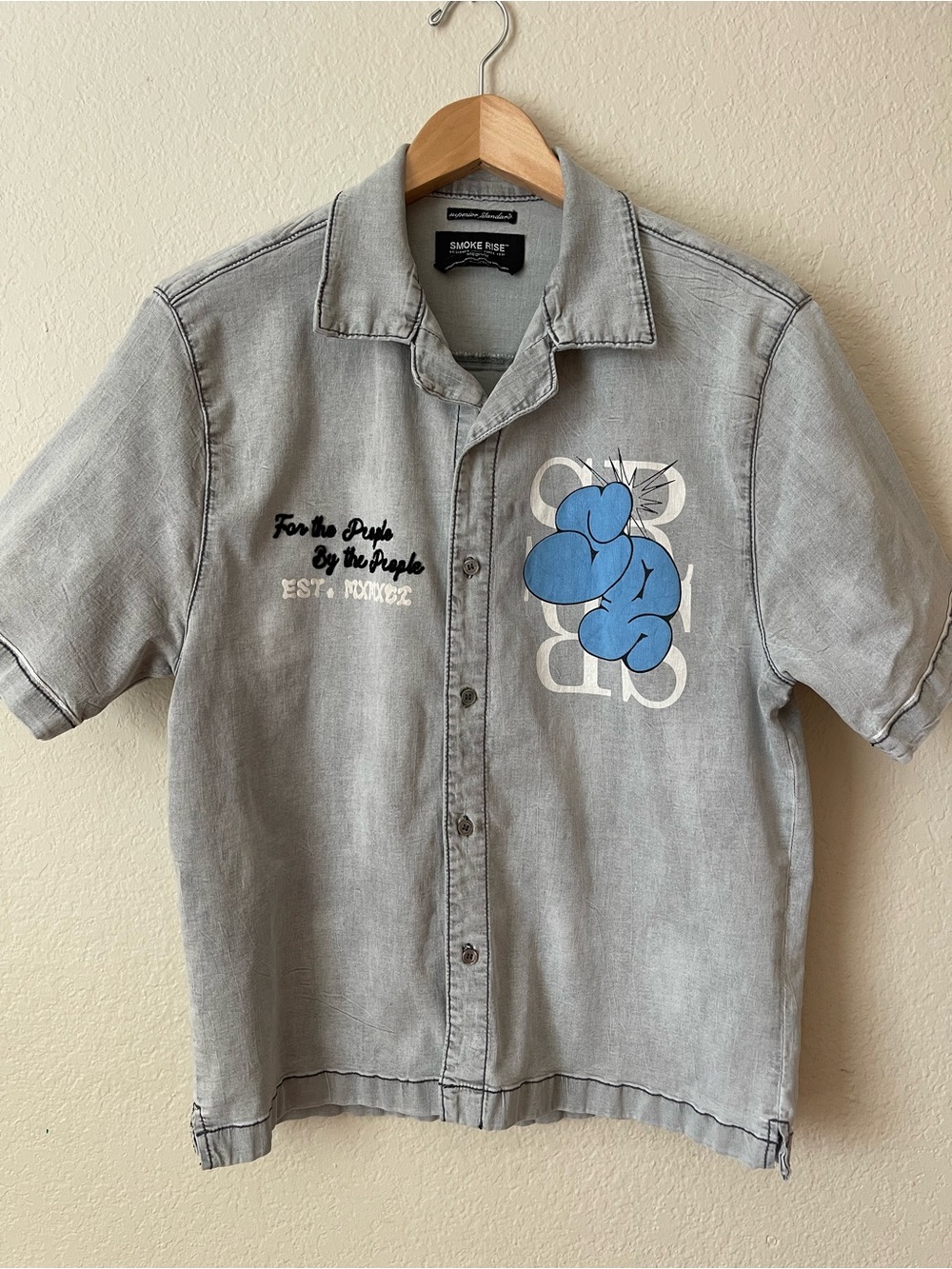 Smoke Rise Men's Puff Print Woven Denim Shirt Gray Size M Streetwear Button-Up